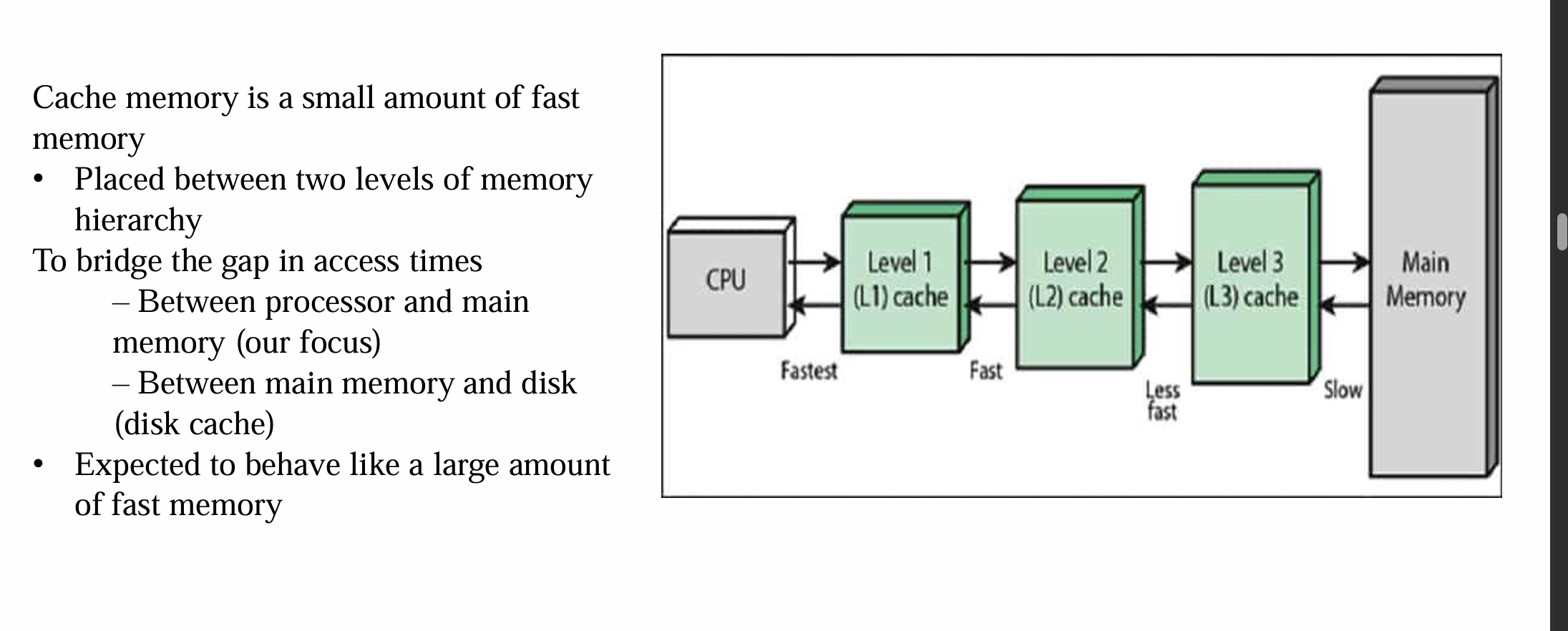 三级缓存层次：CPU → L1 → L2 → L3 → 主存